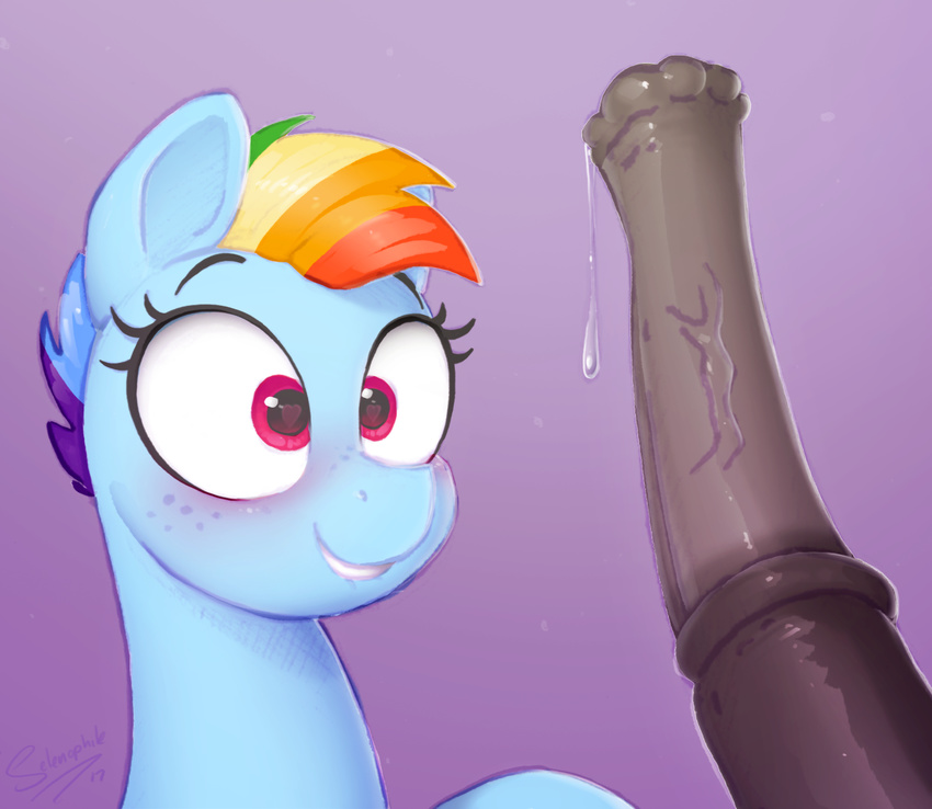 2017 animal_genitalia animal_penis disembodied_penis duo earth_pony equine equine_penis freckles friendship_is_magic hair hi_res horse male mammal medial_ring multicolored_hair my_little_pony penis pony precum rainbow_dash_(mlp) rainbow_hair selenophile solo_focus vein