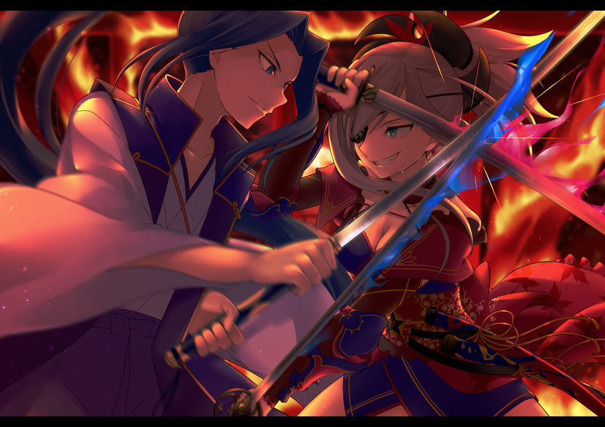 1girl assassin_(fate/stay_night) battle blue_eyes clash dual_wielding duel eyepatch fate/grand_order fate_(series) fire glowing glowing_sword glowing_weapon grin holding japanese_clothes katana miyamoto_musashi_(fate/grand_order) motion_blur obi pink_hair ponytail purple_eyes purple_hair sash sheath smile sparks spoilers sweat sword sword_clash weapon wellow_ryu wide_sleeves