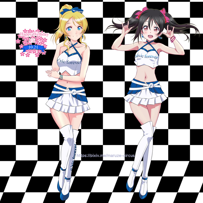 ayase_eli black_hair blonde_hair blue_eyes blush boots breasts checkered checkered_background checkered_floor collarbone earrings hair_ornament hair_ribbon hat highres jewelry large_breasts love_live! love_live!_school_idol_project maruze_circus midriff miniskirt multiple_girls navel race_queen red_eyes ribbon skirt small_breasts smile thigh_boots thighhighs yazawa_nico