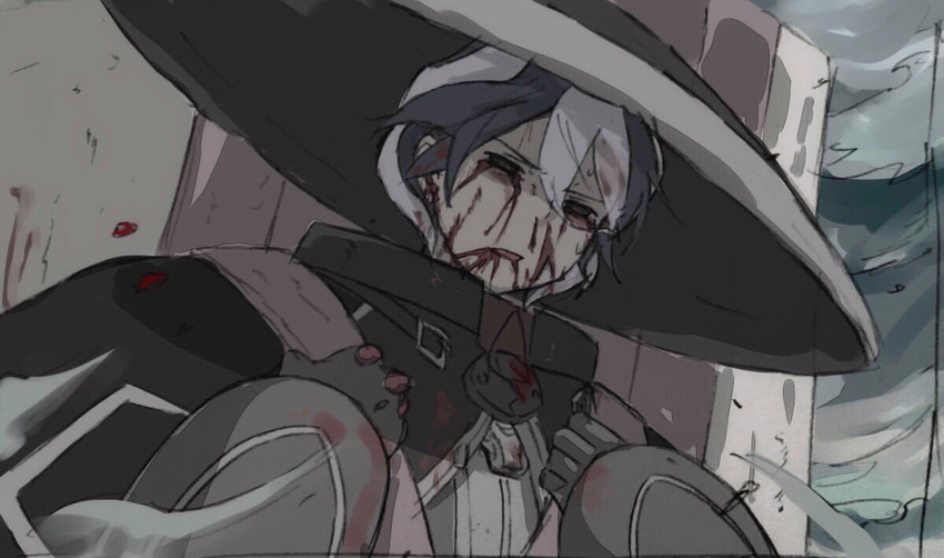 armor black_cape black_eyes black_hair blood blood_from_mouth blood_stain bloody_tears cape commentary_request gloves grimace hair_between_eyes hat made_in_abyss mi_(pic52pic) multicolored_hair outdoors ozen parted_lips short_hair solo two-tone_hair whistle white_hair
