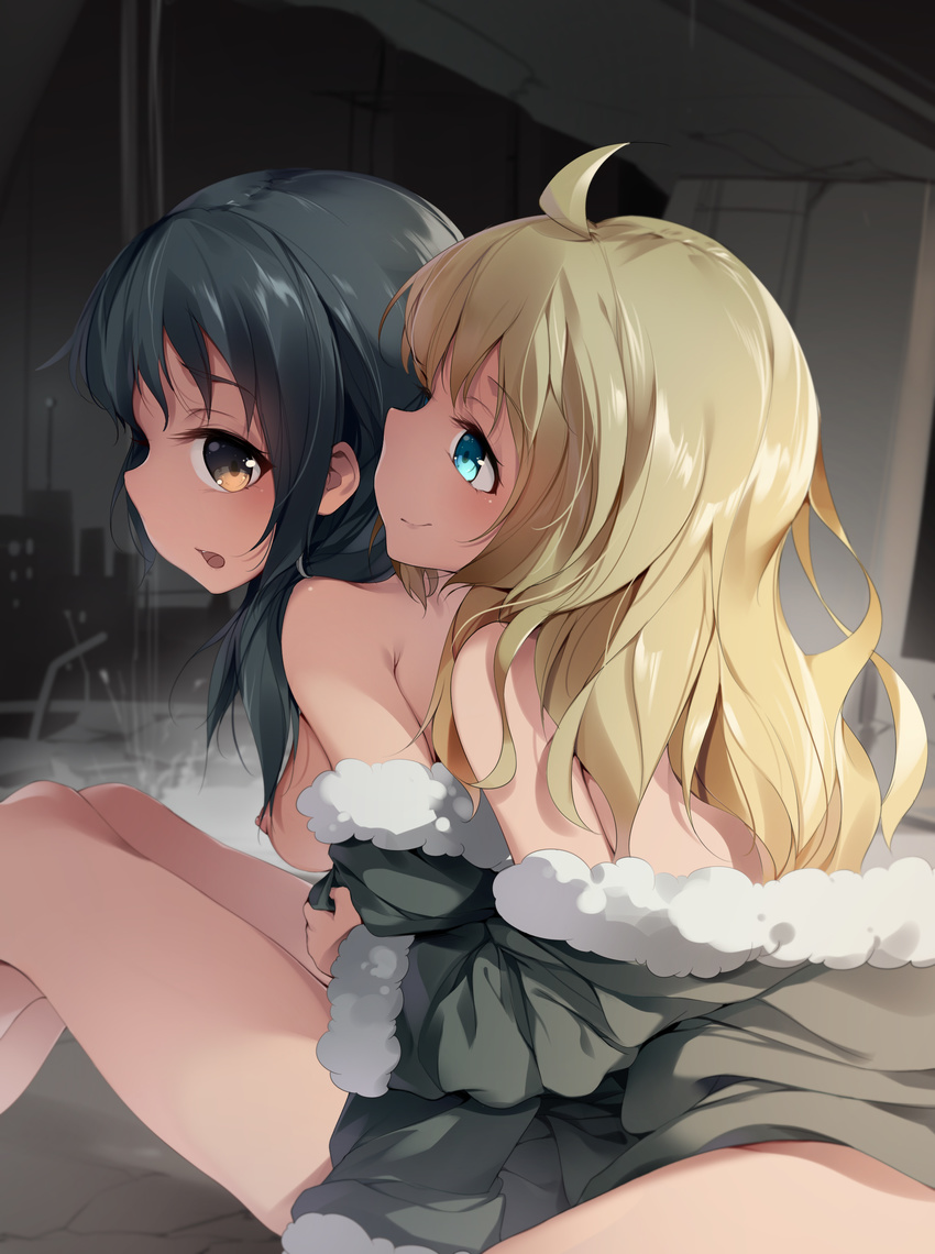 absurdres ahoge bare_shoulders black_hair blonde_hair blue_eyes breasts brown_eyes building chen_bin chito_(shoujo_shuumatsu_ryokou) closed_mouth coat eyebrows_visible_through_hair fur_trim green_coat highres long_hair long_sleeves medium_breasts multiple_girls night nipples off_shoulder on_ground open_mouth outdoors shoujo_shuumatsu_ryokou sideboob sideways_mouth sitting smile water yuri yuuri_(shoujo_shuumatsu_ryokou)