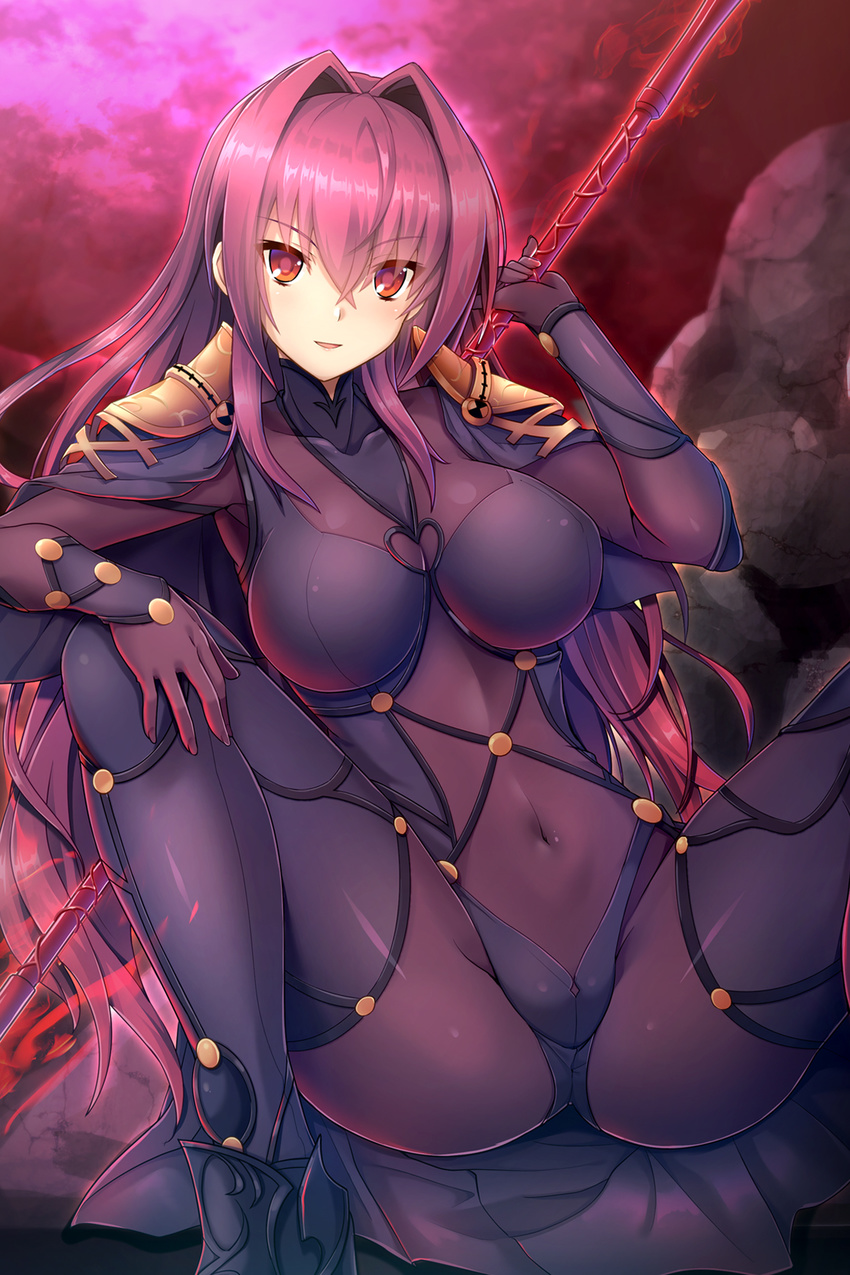 ankle_boots arm_up armor bangs bodysuit boots breasts cape commentary_request covered_collarbone covered_navel eyebrows_visible_through_hair fate/grand_order fate_(series) fingernails gae_bolg glowing glowing_weapon hair_between_eyes hair_intakes hand_on_own_knee highres holding holding_spear holding_weapon impossible_bodysuit impossible_clothes large_breasts long_hair looking_at_viewer outdoors parted_lips pink_sky polearm purple_bodysuit purple_cape purple_footwear purple_hair red_eyes rock samoore scathach_(fate)_(all) scathach_(fate/grand_order) shiny shiny_clothes shiny_hair shoulder_armor sitting skin_tight sky smile solo spear spread_legs tsurime turtleneck weapon