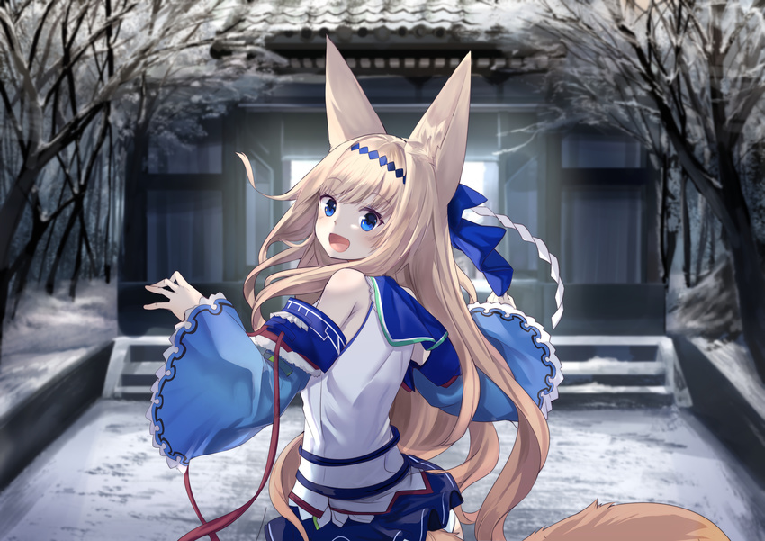 :d absurdres animal_ears bangs blonde_hair blue_eyes blue_skirt blush commentary_request day detached_sleeves eyebrows_visible_through_hair fox_ears fox_tail from_behind gate haik highres japanese_clothes long_hair looking_at_viewer looking_back miniskirt open_mouth original outdoors sidelocks skirt smile snow solo stairs tail tareme very_long_hair village