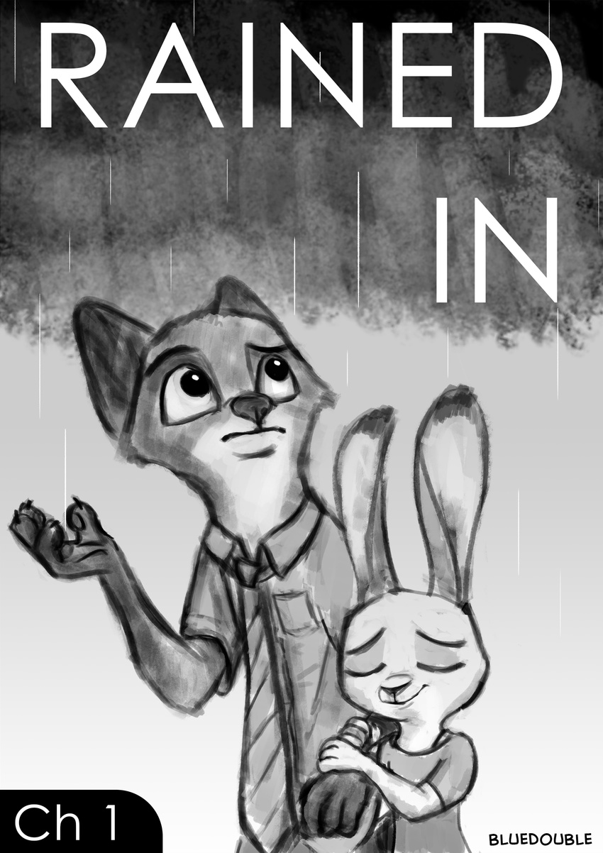 2017 anthro arm_hug bluedouble canine clothed clothing cloud dipstick_ears disney duo english_text fanfic_art female fox greyscale judy_hopps lagomorph male mammal monochrome necktie nick_wilde outside rabbit raining signature text title_page zootopia