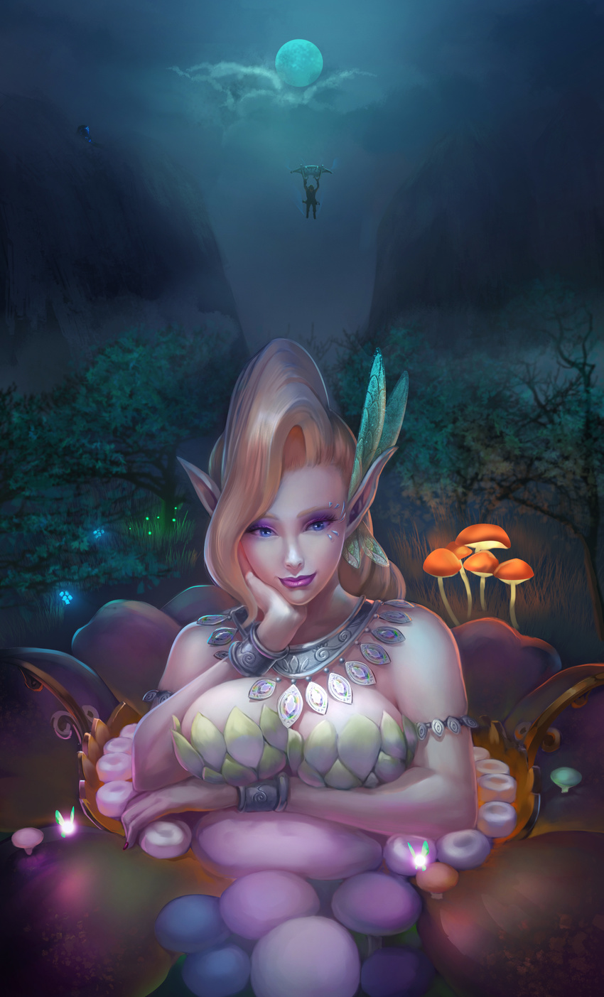 1girl absurdres aircraft aky armlet blonde_hair bracelet breasts cleavage eyeshadow fairy fireflies glider glowing great_fairy great_fairy_cotera highres jewelry large_breasts link looking_at_viewer makeup midair moon mountain mushroom necklace night night_sky sky smile solo_focus the_legend_of_zelda tree