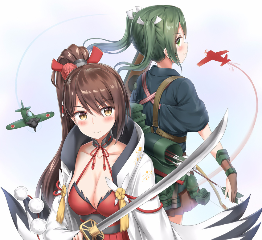 &gt;:) absurdres aircraft airplane arrow azur_lane blush breasts brown_eyes brown_gloves brown_hair choker collarbone commentary_request crossover dress gloves green_eyes green_hair highres holding holding_sword holding_weapon japanese_clothes kantai_collection large_breasts long_hair multiple_girls namesake nedia_(nedia_region) partly_fingerless_gloves ponytail red_dress short_sleeves smile sword twintails v-shaped_eyebrows weapon yugake yumi_(bow) zuikaku_(azur_lane) zuikaku_(kantai_collection)