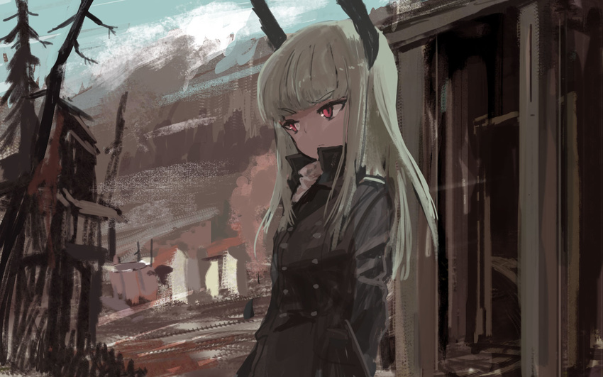 blonde_hair blurry coat day frown grete_m_gollob hands_in_pockets head_wings highres kabuyama_kaigi long_hair military military_uniform mountain outdoors red_eyes serious sky snow solo tree uniform world_witches_series