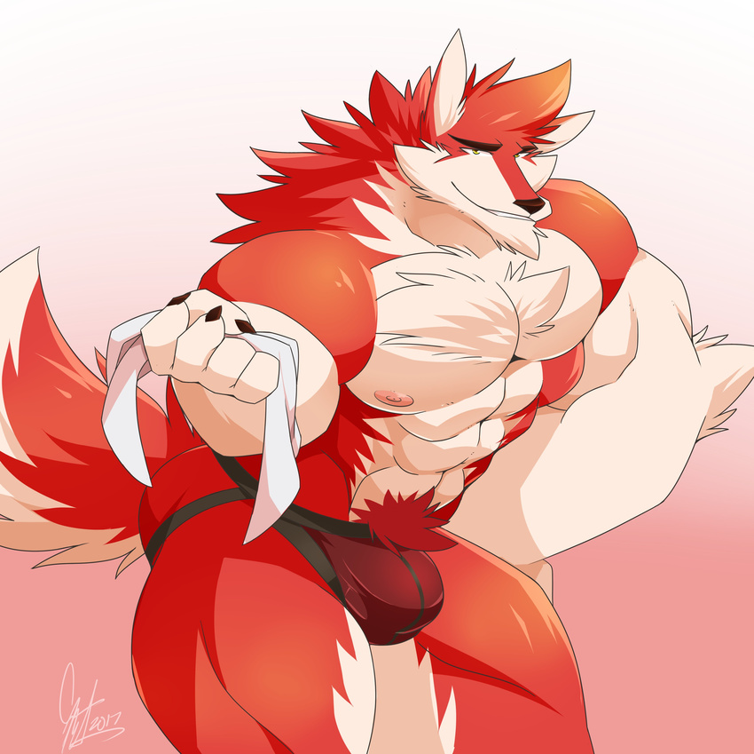 2017 5_fingers abs anthro biceps big_biceps big_pecs bulge canine clothing daikitei digital_media_(artwork) fur hi_res looking_at_viewer male mammal muscular muscular_male nipples pecs red_fur solo underwear wolf