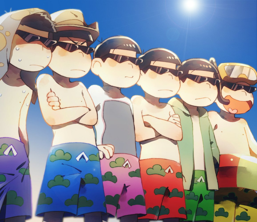 :&lt; black_hair blue_sky brothers commentary_request crossed_arms day hand_on_hip heart heart_in_mouth innertube lens_flare lineup male_focus male_swimwear matsu_symbol matsuno_choromatsu matsuno_ichimatsu matsuno_juushimatsu matsuno_karamatsu matsuno_osomatsu matsuno_todomatsu multiple_boys osomatsu-kun osomatsu-san ouka_(stan) siblings sky sunglasses sweat swim_trunks swimwear towel towel_on_head wetsuit