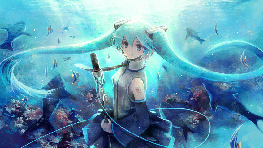 aqua_eyes aqua_hair chris4708 fish hatsune_miku long_hair microphone necktie skirt solo tattoo twintails underwater very_long_hair vocaloid wallpaper