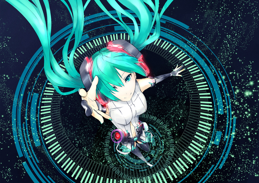 aqua_eyes barefoot belt bridal_gauntlets elbow_gloves fingerless_gloves foreshortening from_above gloves hands hatsune_miku hatsune_miku_(append) highres long_hair navel necktie outer smile solo toeless_legwear twintails very_long_hair vocaloid vocaloid_append