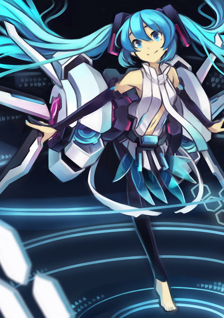 absurdres aqua_eyes aqua_hair bad_id bad_pixiv_id barefoot belt bridal_gauntlets elbow_gloves face fingerless_gloves gloves hatsune_miku hatsune_miku_(append) highres long_hair minoa_(lastswallow) navel necktie smile solo toeless_legwear twintails very_long_hair vocaloid vocaloid_append