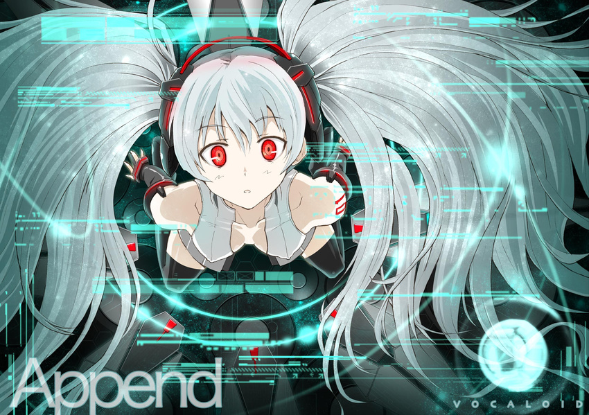 augmented_reality breasts bridal_gauntlets covered_nipples floating floating_hair hatsune_miku hatsune_miku_(append) highres kimura_shigetaka long_hair red_eyes small_breasts solo staring thighhighs twintails very_long_hair vocaloid vocaloid_append wallpaper white_hair wide-eyed