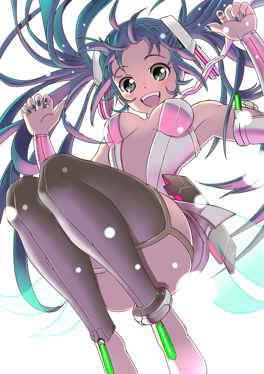 absurdres anklet aqua_eyes aqua_hair bad_id bad_pixiv_id barefoot belt blush bridal_gauntlets elbow_gloves fingerless_gloves gloves hatsune_miku hatsune_miku_(append) highres jewelry jumping long_hair manbou_(manvow) smile solo toeless_legwear twintails very_long_hair vocaloid vocaloid_append