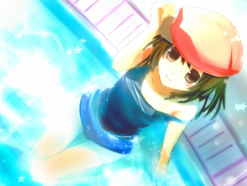 bakemonogatari bare_shoulders blush breasts brown_eyes brown_hair cabbie_hat cleavage haru_aki hat leaf monogatari_(series) one-piece_swimsuit pool school_swimsuit sengoku_nadeko short_hair small_breasts smile solo swimsuit wading water