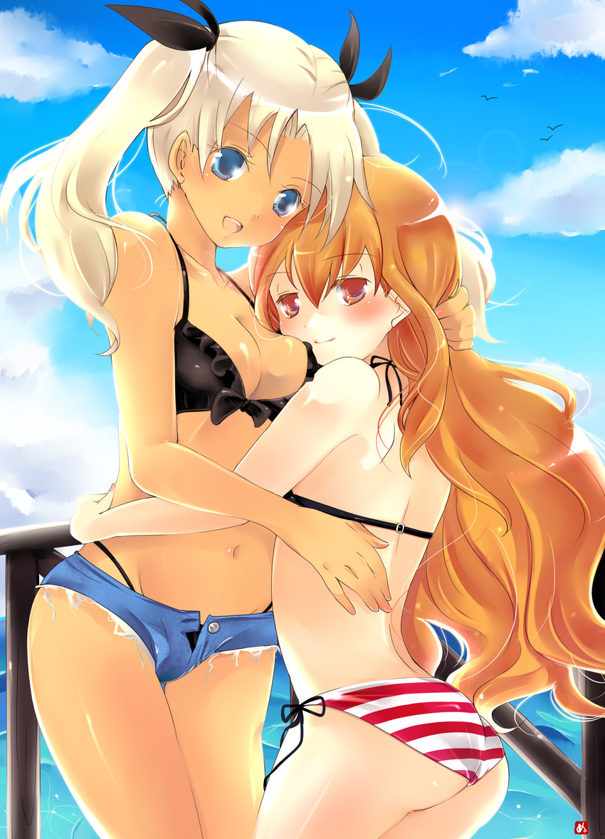 bad_id bad_pixiv_id beach bikini blue_eyes breast_press breasts cloud day denim denim_shorts frilled_bikini frills front-tie_top highleg highleg_swimsuit highres hug kakerayuri medium_breasts multiple_girls navel open_mouth orange_hair outdoors phalanx_(sekaiju) red_eyes sekaiju_no_meikyuu sekaiju_no_meikyuu_3 short_shorts shorts side-tie_bikini sky smile string_bikini swimsuit thigh_gap twintails unbuttoned white_hair zodiac_(sekaiju)