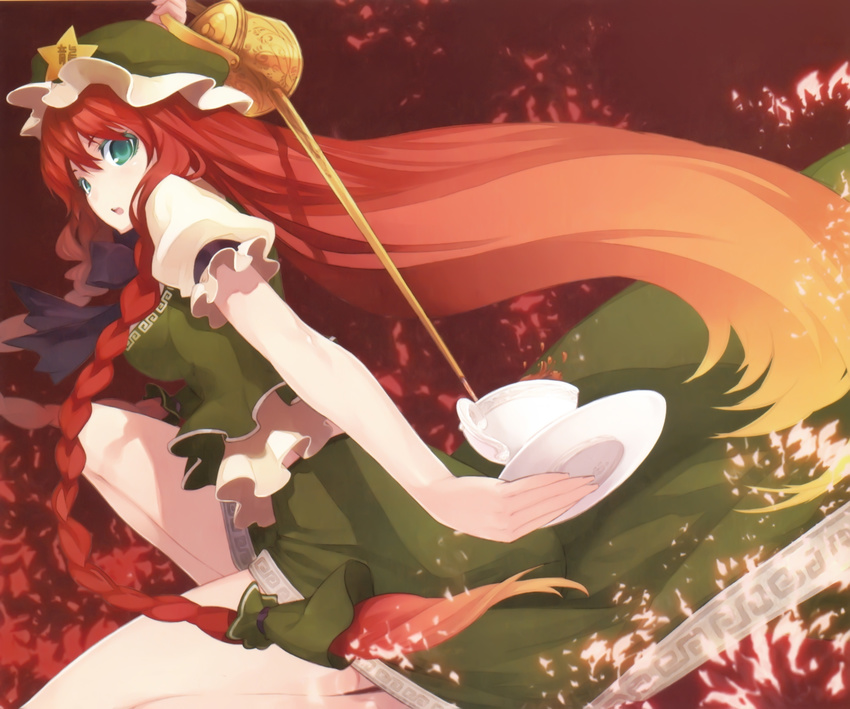 absurdres aqua_eyes braid china_dress chinese_clothes cup decantering dress hair_tubes hat highres hong_meiling long_hair long_spout_teapot pitcher pouring puffy_short_sleeves puffy_sleeves red_hair shingo_(missing_link) short_sleeves side_braid solo star tea touhou