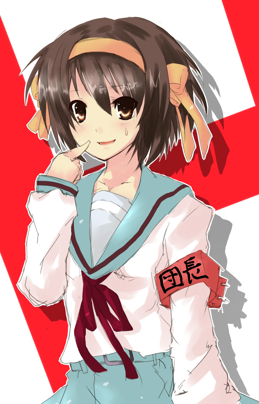 armband bad_id bad_pixiv_id brown_eyes brown_hair h hair_ribbon hairband highres kita_high_school_uniform mkcrf orange_hairband ribbon school_uniform serafuku short_hair solo suzumiya_haruhi suzumiya_haruhi_no_yuuutsu