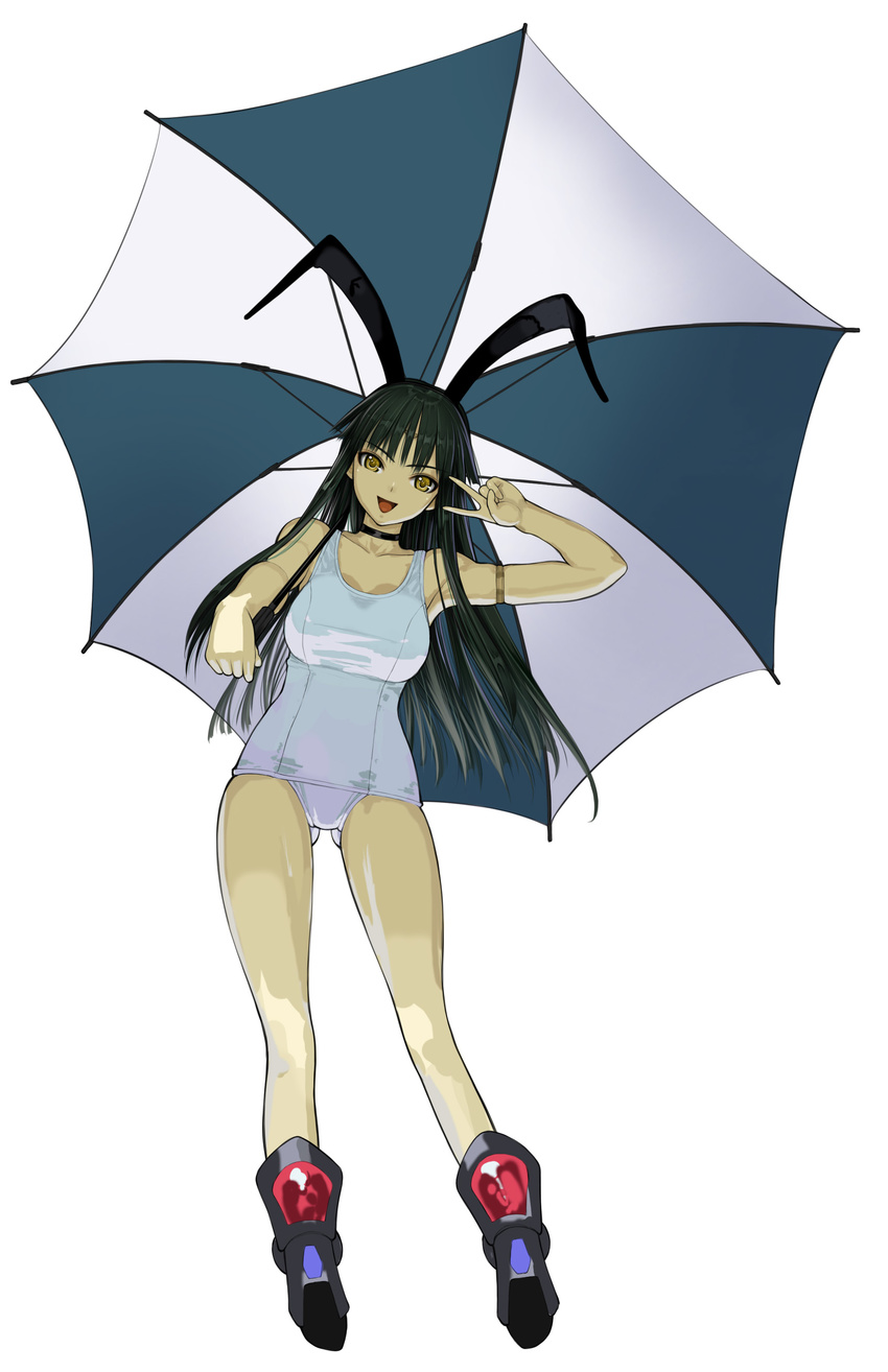 absurdres animal_ears breasts bunny_ears choker green_hair hands highres large_breasts legs nakabayashi_reimei one-piece_swimsuit ouka_nagisa school_swimsuit solo super_robot_wars super_robot_wars_original_generation swimsuit umbrella v white_school_swimsuit white_swimsuit yellow_eyes