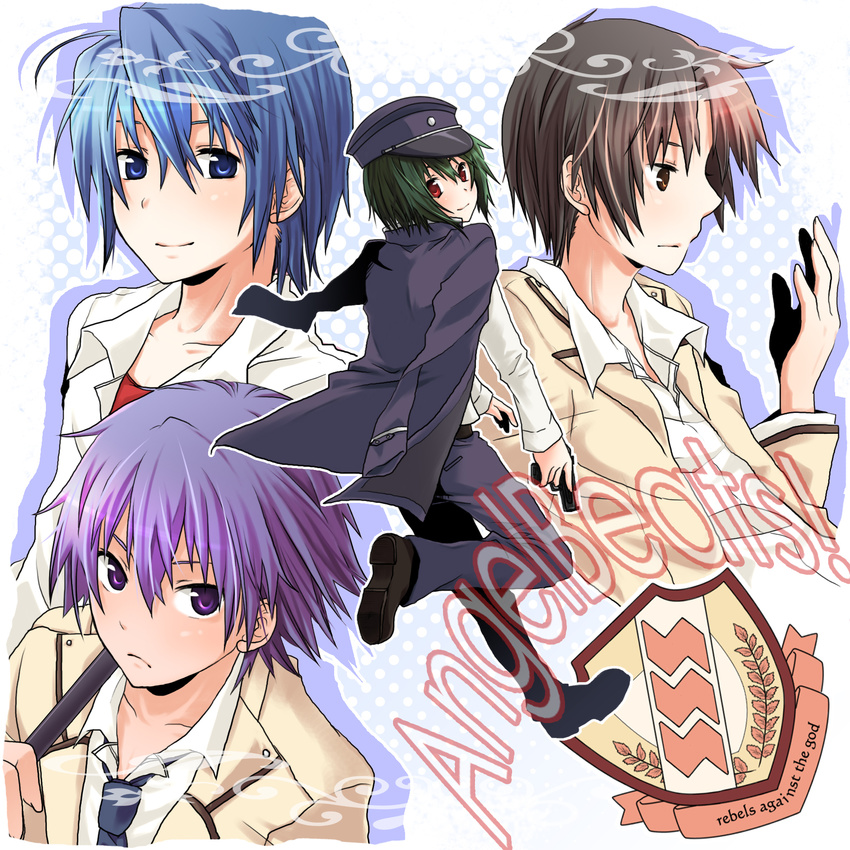 angel_beats! blue_eyes blue_hair brown_eyes brown_hair fujimaki_(angel_beats!) green_hair hat highres hinata_(angel_beats!) male_focus multiple_boys naoi_ayato noda_(angel_beats!) purple_eyes purple_hair re_(iwaou) red_eyes school_uniform