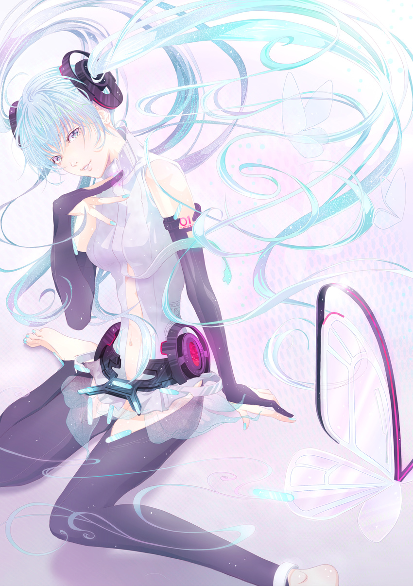 absurdres anklet aqua_eyes aqua_hair bad_id bad_pixiv_id barefoot belt bridal_gauntlets elbow_gloves fingerless_gloves gloves hatsune_miku hatsune_miku_(append) highres jewelry long_hair meroro navel necktie sitting smile solo toeless_legwear twintails very_long_hair vocaloid vocaloid_append
