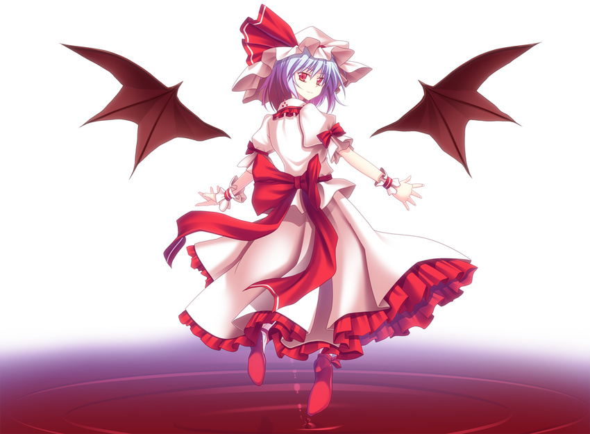 bat_wings blood blue_hair bow detached_wings floating from_behind hat high_heels ina_(inadahime) looking_back pool_of_blood red_eyes remilia_scarlet ribbon ripples shoes short_hair solo touhou wings wrist_cuffs