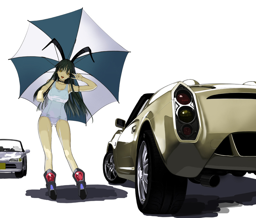 animal_ears breasts bunny_ears car choker green_hair ground_vehicle hands large_breasts legs long_hair motor_vehicle nakabayashi_reimei one-piece_swimsuit ouka_nagisa school_swimsuit solo super_robot_wars super_robot_wars_original_generation swimsuit umbrella v white_school_swimsuit white_swimsuit yellow_eyes