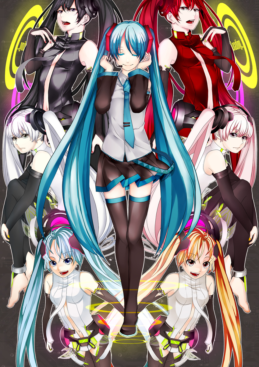 absurdres alternate_color alternate_hair_color anklet aqua_hair bad_id bad_pixiv_id barefoot belt black_hair blonde_hair blue_eyes blue_hair bridal_gauntlets closed_eyes detached_sleeves elbow_gloves fingerless_gloves gloves green_eyes hatsune_miku hatsune_miku_(append) highres jewelry kurono_kito long_hair multiple_girls multiple_persona navel necktie pink_eyes pink_hair purple_eyes red_eyes red_hair smile toeless_legwear twintails very_long_hair vocaloid vocaloid_append white_hair yellow_eyes