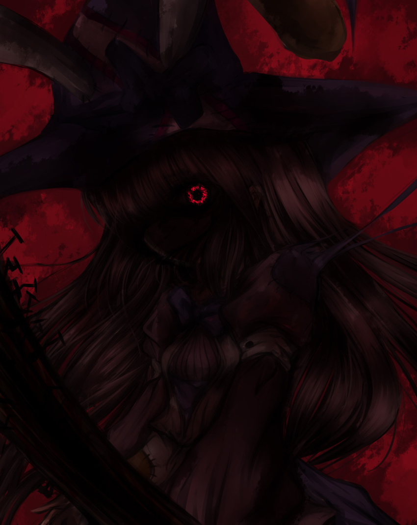 blood hair_over_one_eye hat highres horror_(theme) irisu_kyouko irisu_shoukougun! red_eyes shimo_(depthbomb) solo