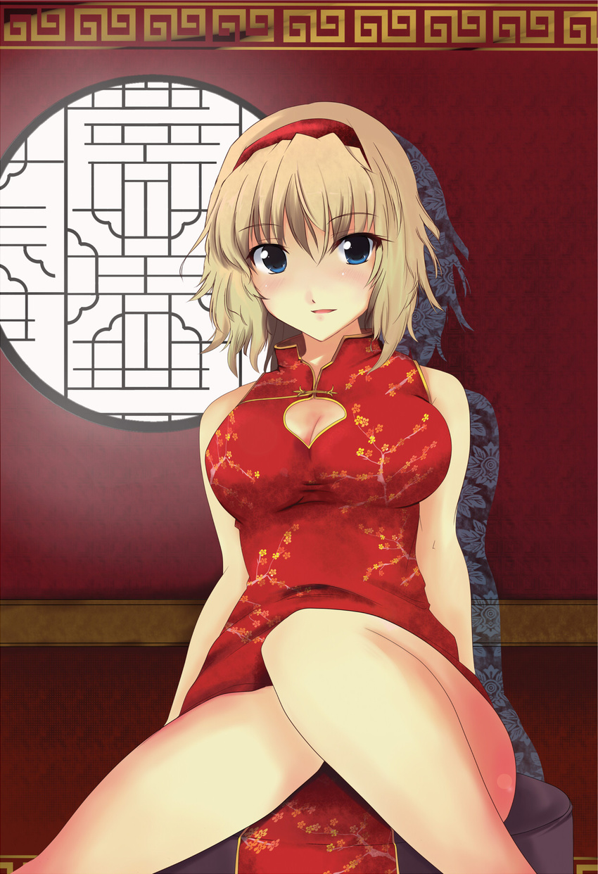 alice_margatroid bare_shoulders beegle blonde_hair blue_eyes blush breasts china_dress chinese_clothes cleavage_cutout dress hairband highres large_breasts round_window short_hair side_slit sitting smile solo touhou window