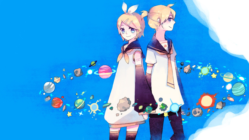 1girl blonde_hair blue_eyes brother_and_sister detached_sleeves hair_ornament hair_ribbon hairclip kagamine_len kagamine_rin mig_(36th_underground) necktie planet ribbon short_hair siblings thighhighs twins vocaloid wallpaper