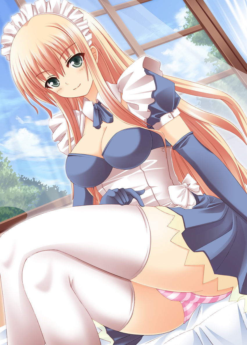 blonde_hair blush breasts cleavage cloud crossed_legs curtains day elbow_gloves gloves green_eyes highres long_hair maid maid_headdress medium_breasts original panties ribbon sitting sky smile solo striped striped_panties thighhighs underwear usaginezumi white_legwear window