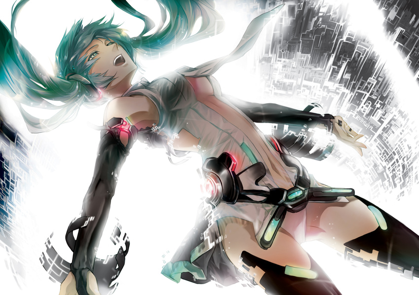 aqua_eyes aqua_hair digital_dissolve hatsune_miku hatsune_miku_(append) highres long_hair navel necktie rahwia solo thighhighs twintails vocaloid vocaloid_append zettai_ryouiki