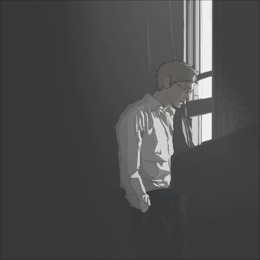 axis_powers_hetalia bad_id bad_pixiv_id curtains f_(zxc0000) glasses grey hand_in_pocket highres male_focus serious shadow solo standing sweden_(hetalia) window