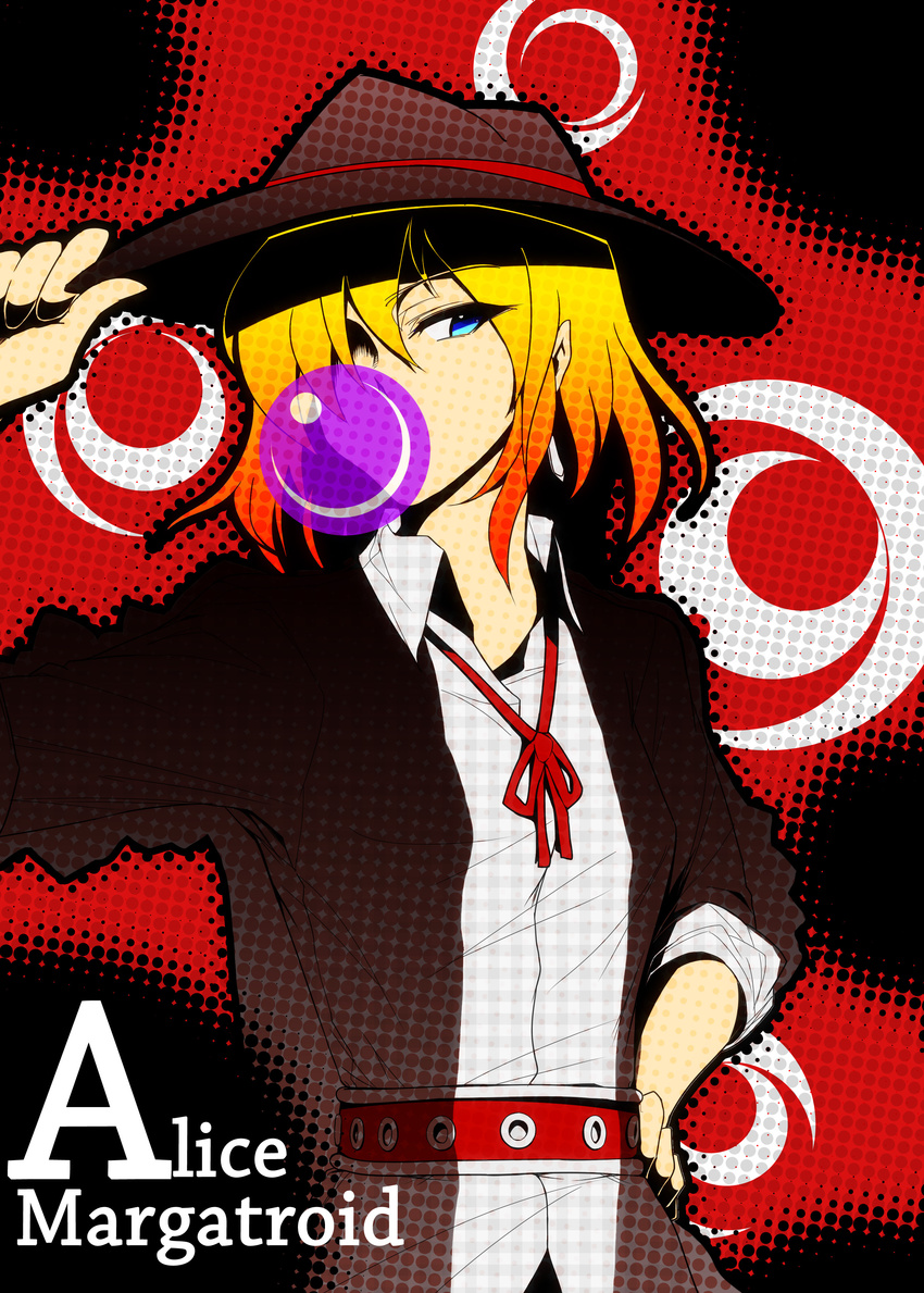 absurdres alice_margatroid alternate_costume bad_id bad_pixiv_id belt blonde_hair blue_eyes bow bowtie bubble_blowing character_name chewing_gum dress_shirt ex_hien hat hat_tip highres ribbon shirt short_hair solo touhou