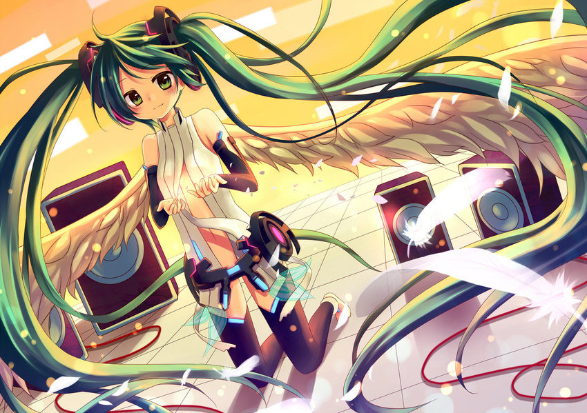 amane_kurumi angel_wings aqua_hair belt blush detached_sleeves elbow_gloves feathers fingerless_gloves gloves green_eyes hatsune_miku hatsune_miku_(append) highres kneeling long_hair navel necktie smile solo speaker thighhighs twintails very_long_hair vocaloid vocaloid_append wings zettai_ryouiki