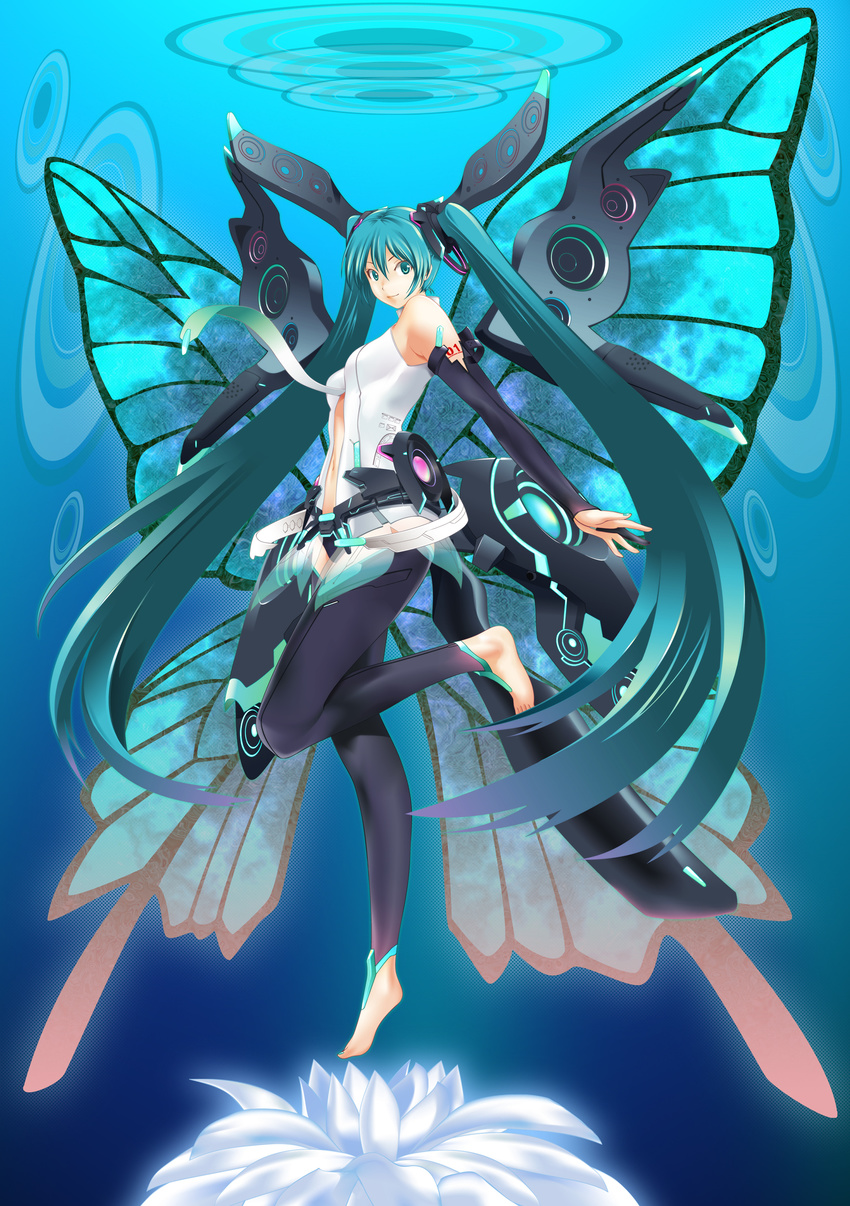 absurdres aqua_eyes aqua_hair barefoot blue_wings bridal_gauntlets butterfly_wings flower hatsune_miku hatsune_miku_(append) highres long_hair navel necktie solo thighhighs twintails very_long_hair vocaloid vocaloid_append wings yuta-mu