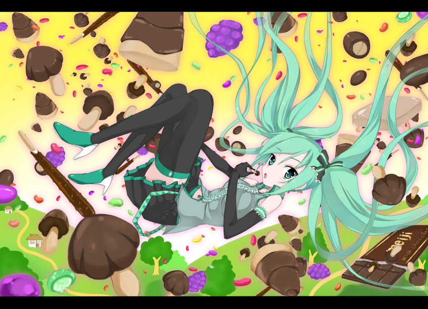 apollo_chocolate aqua_eyes aqua_hair bad_id bad_pixiv_id bow candy chocolate chocolate_bar elbow_gloves floating food gloves grass hair_bow hatsune_miku high_heels jelly_bean kinoko_no_yama letterboxed long_hair meadow meiji_(brand) meiji_milk_chocolate minatsuki_randoseru open_mouth pocky road shoes skirt solo sweets takenoko_no_sato_(food) thighhighs tree twintails vocaloid