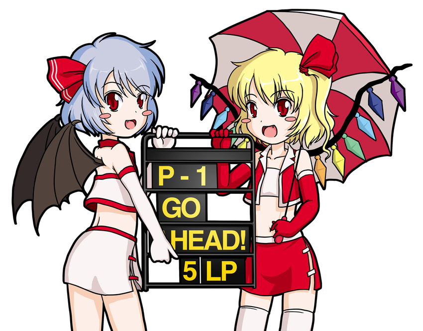 :d bat_wings blonde_hair blue_hair blush_stickers elbow_gloves fang fangs flandre_scarlet gloves midriff multiple_girls no_hat no_headwear open_mouth ponytail race_queen red_eyes remilia_scarlet sakurato_tsuguhi short_hair siblings side_ponytail sisters smile thighhighs touhou umbrella white_legwear wings