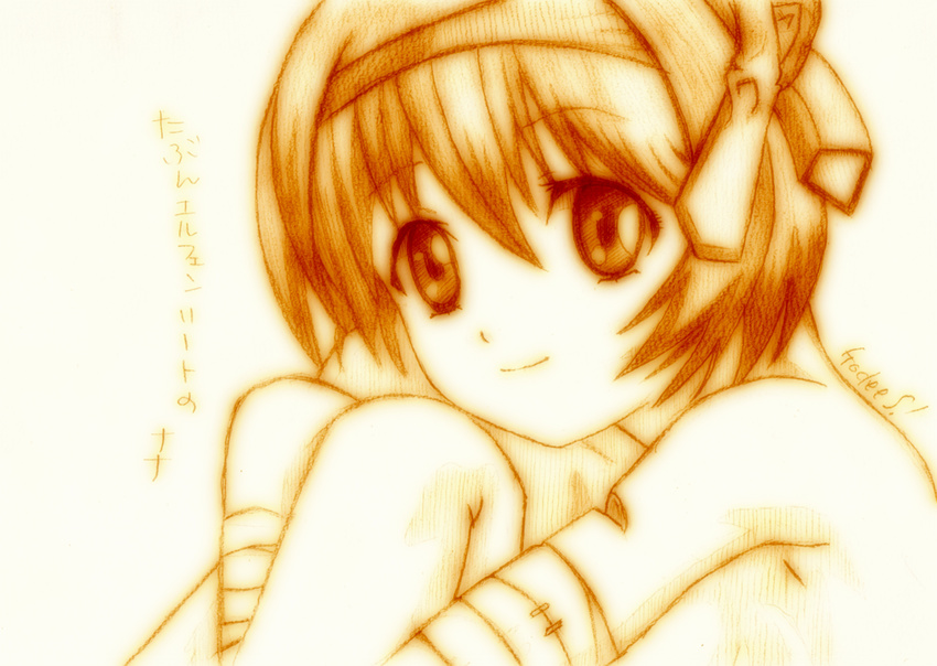 bad_id bad_pixiv_id bandages elfen_lied godees highres monochrome nana_(elfen_lied) short_hair sketch smile solo traditional_media