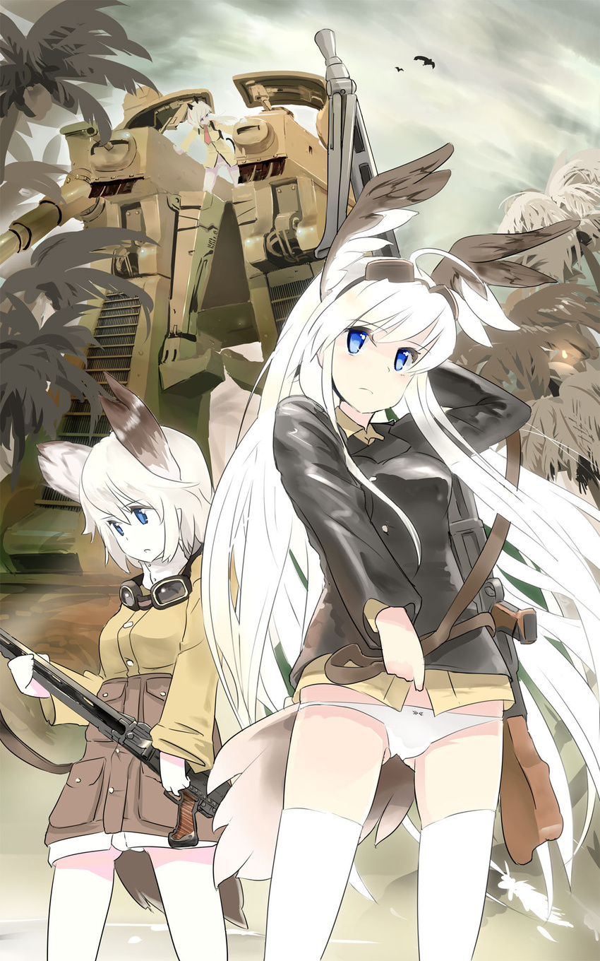 animal_ears blonde_hair blue_eyes charlotte_lueder goggles goggles_on_head gun hanna-justina_marseille head_wings highres long_hair machine_gun mecha military multiple_girls panties puuakachan raisa_pottgen rifle short_hair tail thighhighs underwear uniform weapon white_hair white_legwear white_panties world_witches_series