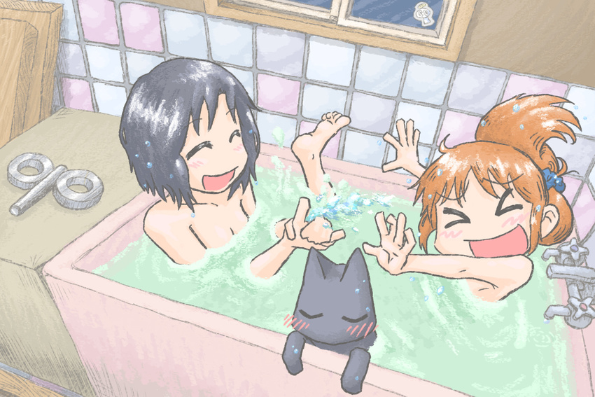 &gt;_&lt; :d =_= ^_^ bangs barefoot bathtub black_hair blush brown_hair bubble cat closed_eyes eyebrows_visible_through_hair faucet gears helvetica_standard kotobuki_(tiny_life) laughing multiple_girls nichijou nude open_mouth professor_shinonome sakamoto_(nichijou) shared_bathing shinonome_nano short_hair smile tied_hair water window xd