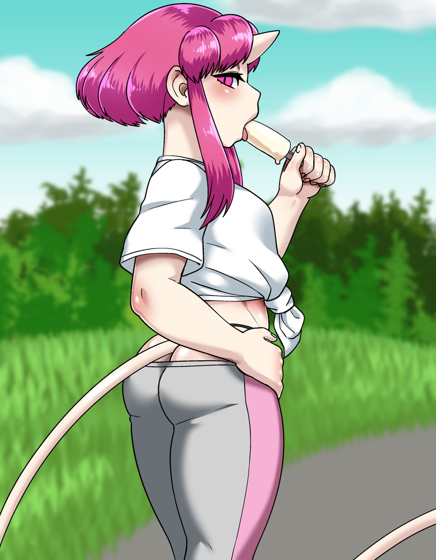 2017 5_fingers bangs bedroom_eyes blush breasts butt butt_pose clothed clothing cloud day digital_media_(artwork) dynamo-x eyelashes female food grass hair half-closed_eyes hand_on_hip hi_res horn humanoid looking_at_viewer not_furry outside pale_skin pink_eyes pink_hair popsicle seductive sky solo suggestive suggestive_food tongue tongue_out