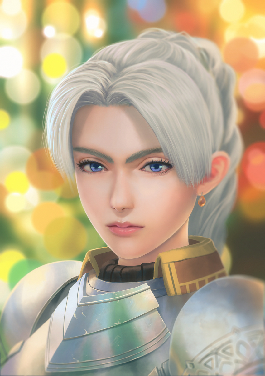 blue_eyes blurry blurry_background braid breastplate chris_lightfellow close-up closed_mouth depth_of_field earrings eyebrows fateline_alpha gensou_suikoden gensou_suikoden_iii gorget highres jewelry long_hair looking_at_viewer pink_lips plate_armor ponytail shoulder_armor silver_hair solo spaulders