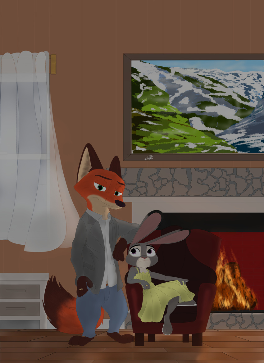 absurd_eyes absurd_res anthro canine clothed clothing colored digital_media_(artwork) disney female fireplace fox hi_res i_ship_it_real_hard judy_hopps lagomorph landscape looking_at_viewer looking_at_wiewer male mammal nick_wilde painting rabbit ring simple_shading sitting smile sofa solid_color standing zootopia