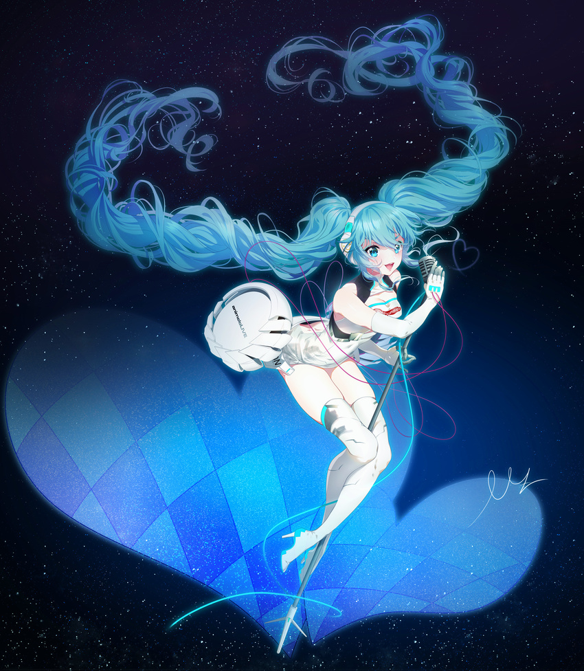 :d absurdly_long_hair ass blue_eyes blue_hair blush boots breasts cleavage elbow_gloves floating_hair full_body gloves goodsmile_racing hair_between_eyes hairband hatsune_miku headphones high_heel_boots high_heels highres holding holding_microphone long_hair medium_breasts microphone microphone_stand miemia open_mouth racing_miku racing_miku_(2014) sleeveless smile solo thigh_boots thighhighs twintails very_long_hair vocaloid white_footwear white_gloves white_hairband