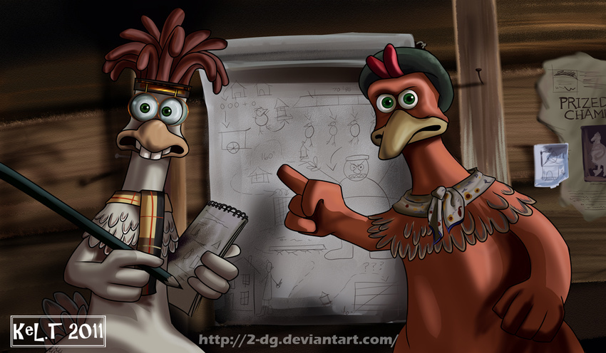 2011 4_fingers aardman_animations ambiguous_gender angry anthro avian bandanna beak biped bird brown_feathers buckteeth chicken chicken_coop chicken_run deviantart digital_drawing_(artwork) digital_media_(artwork) directional_arrow drawing dreadlocks dreamworks duo english_text eyewear feather_tuft feathered_wings feathers female fist flat_chested focused frown ginger_(chicken_run) glasses green_eyes grey_tail half-length_portrait hat headband holding_object inside lighting looking_at_viewer mac_(chicken_run) mostly_nude moxifoxi multicolored_feathers neck_tuft newspaper newspaper_clipping notepad orange_beak pencil_(object) pince-nez plan planning pointing portrait raised_eyebrow red_feathers red_wings scarf serious shadow standing tail_feathers talons teeth text toony tuft two_tone_feathers url watermark wattle white_feathers white_wings winged_arms wings yellow_beak