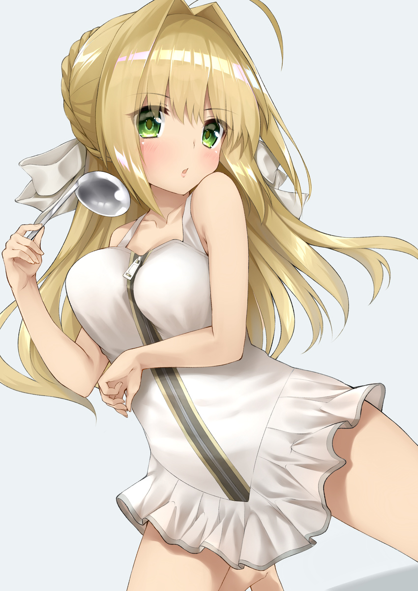 absurdres adapted_costume ahoge bangs blonde_hair blush breasts commentary_request dress eyebrows_visible_through_hair fate/extra fate/extra_ccc fate_(series) go-1 green_eyes grey_background hair_intakes hands_up highres kneeling ladle large_breasts leotard long_hair looking_at_viewer nero_claudius_(bride)_(fate) nero_claudius_(fate)_(all) open_mouth sidelocks simple_background solo white_dress white_leotard zipper