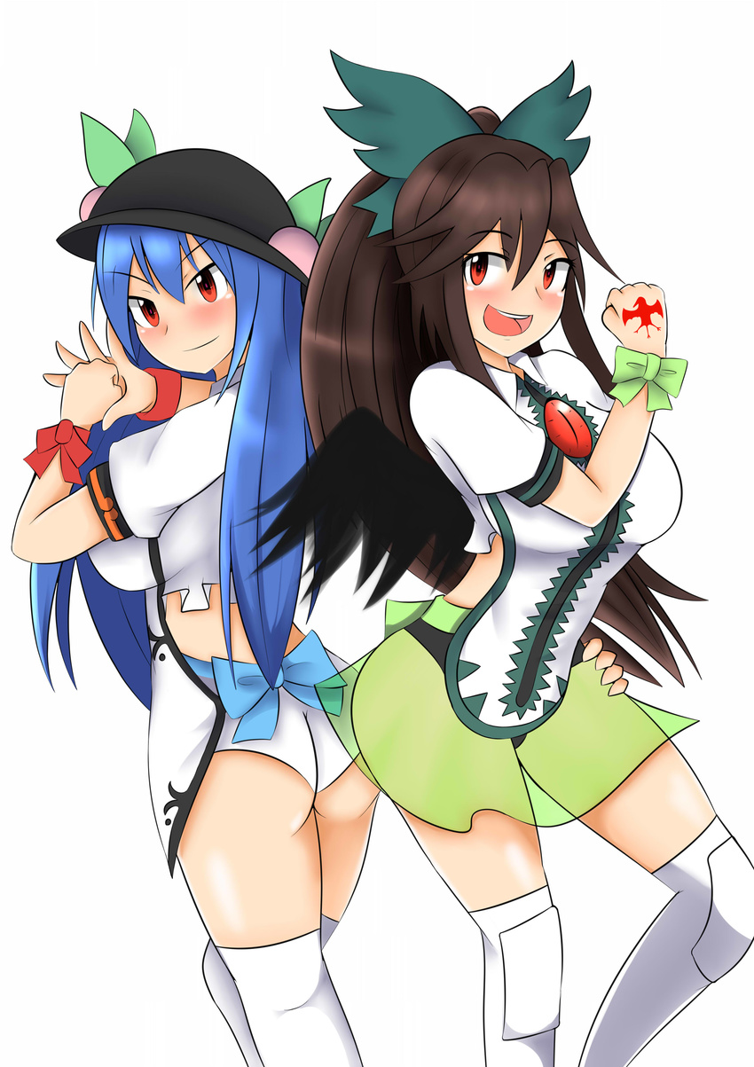 2girls ass black_hair blue_hair bodysuit boots breasts clenched_hand female hat hinanawi_tenshi large_breasts leotard long_hair looking_back mikagami_sou multiple_girls ponytail red_eyes reiuji_utsuho ribbon simple_background smile thigh_boots thighhighs touhou white_background wings