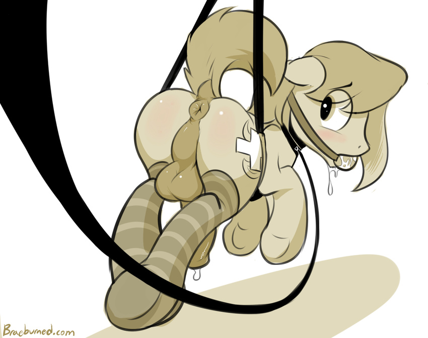anus backsack ball_gag balls bdsm bondage bound braeburned clothed clothing collar cutie_mark equine fan_character friendship_is_magic gag horse legwear looking_back male mammal monochrome my_little_pony partially_clothed penis perineum precum saliva simple_background solo text thigh_highs